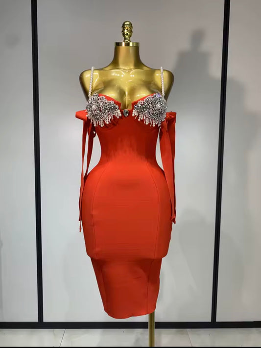 Luxury Red Rhinestone Bodycon Mini Dress, Pearl Strap Party Dress, Crystal Bust Cocktail Dress, Birthday Dress, Evening Dress for Women