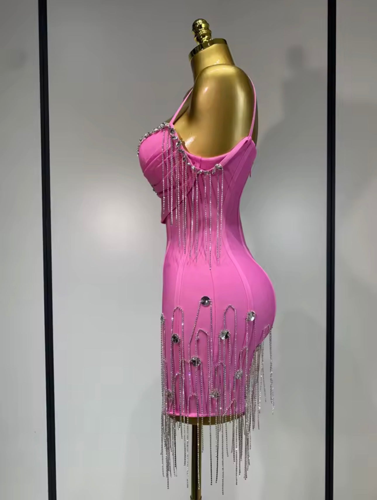 Pink Crystal Fringe Mini Dress