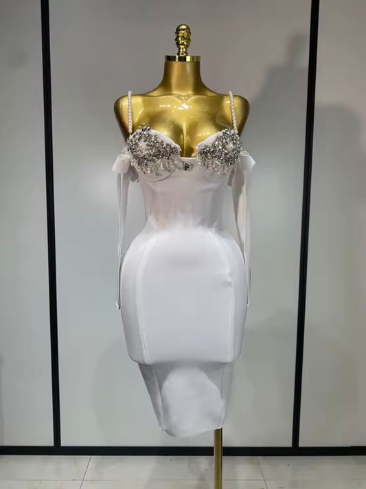 Luxury Red Rhinestone Bodycon Mini Dress, Pearl Strap Party Dress, Crystal Bust Cocktail Dress, Birthday Dress, Evening Dress for Women