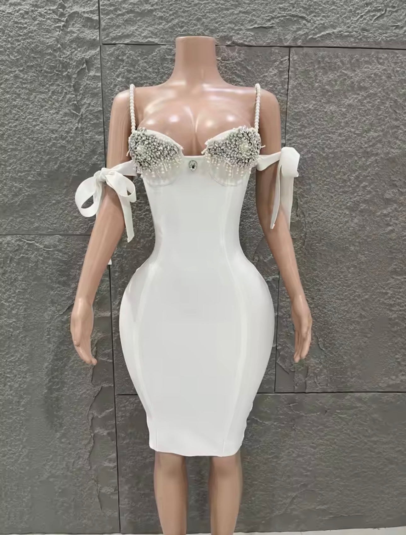 Luxury Red Rhinestone Bodycon Mini Dress, Pearl Strap Party Dress, Crystal Bust Cocktail Dress, Birthday Dress, Evening Dress for Women