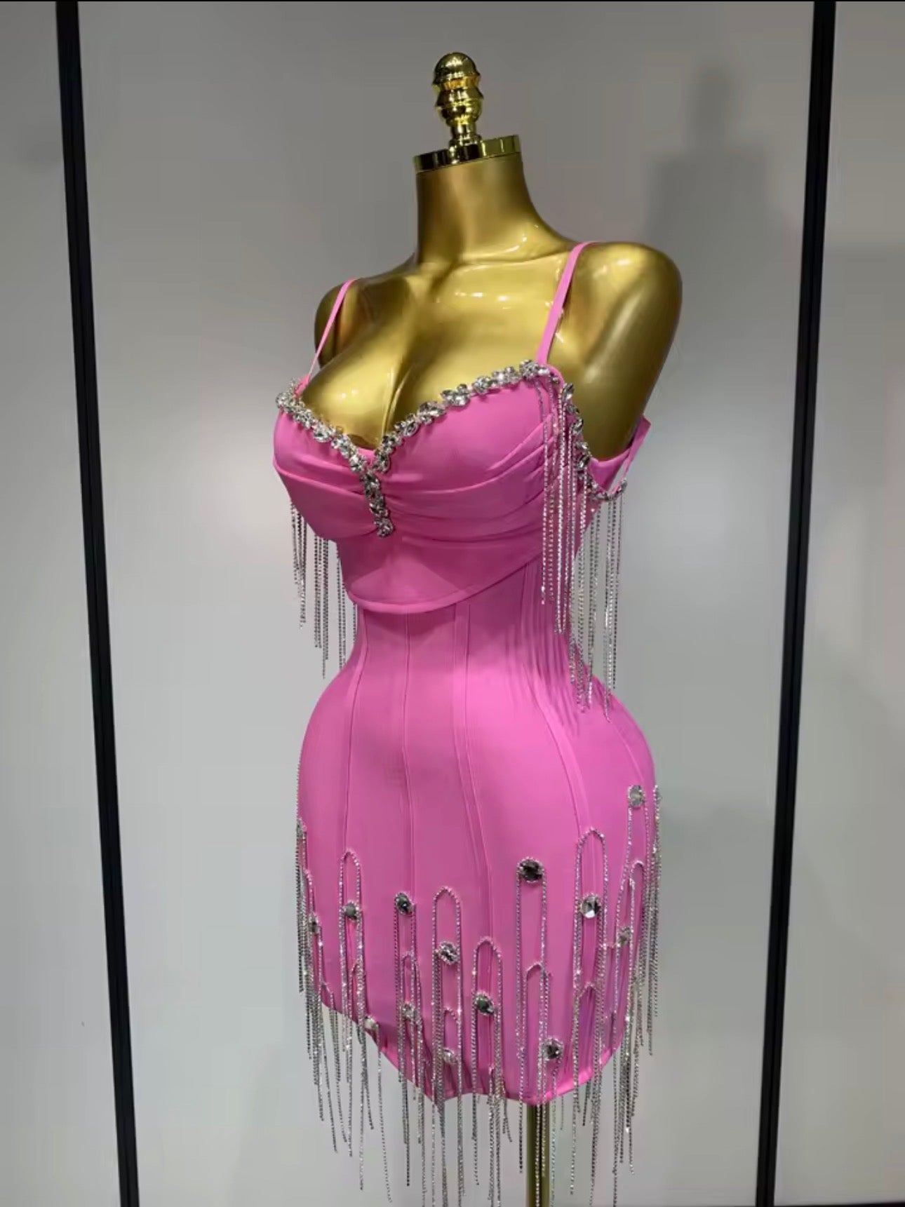 Pink Crystal Fringe Mini Dress