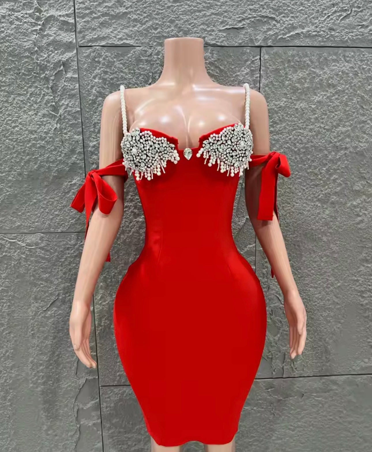 Luxury Red Rhinestone Bodycon Mini Dress, Pearl Strap Party Dress, Crystal Bust Cocktail Dress, Birthday Dress, Evening Dress for Women