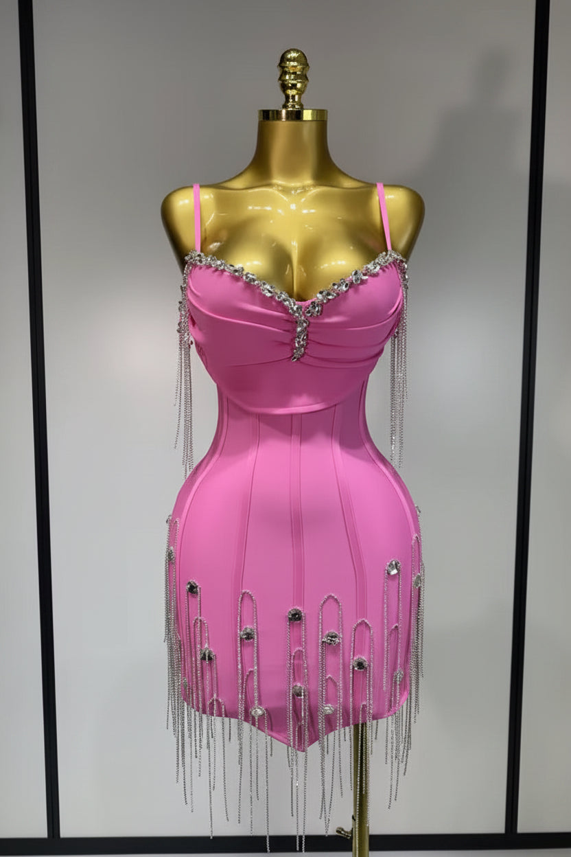 Pink Crystal Fringe Mini Dress